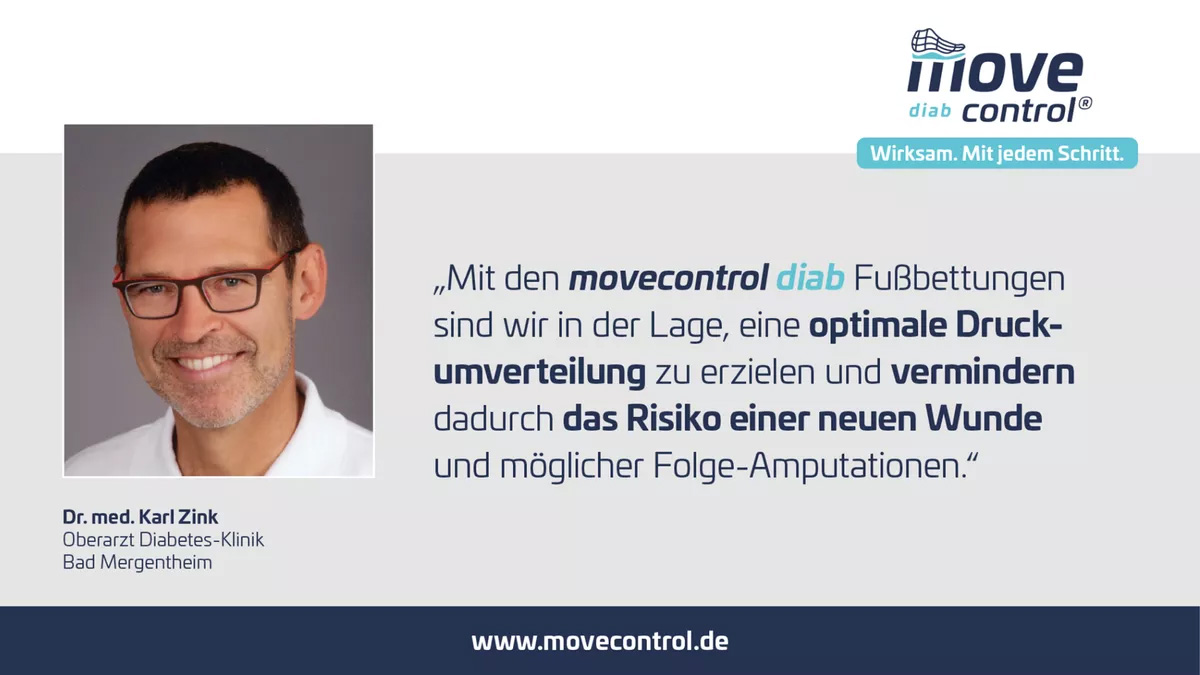 Porträt eines lächelnden Mannes mit Brille neben einem Zitat zu movecontrol diab Fußbettungen und deren Nutzen bei Druckumverteilung und Wundrisiko.
